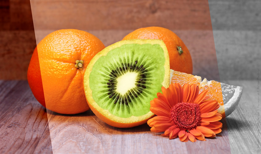 Exemple de photomontage pour d'un Orankiwi, une orange à l'extérieur, un kiwi à l'intérieur :)