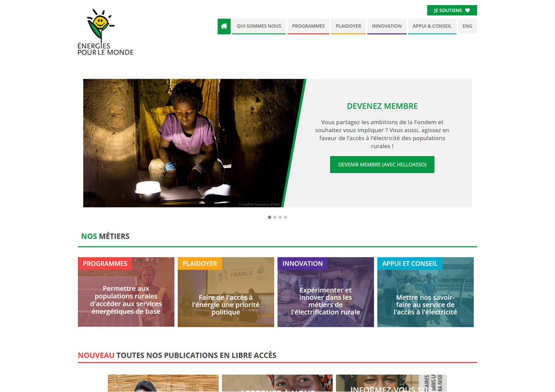 Capture d'écran de la page d'accueil du site Internet de la Fondation Énergies pour le Monde