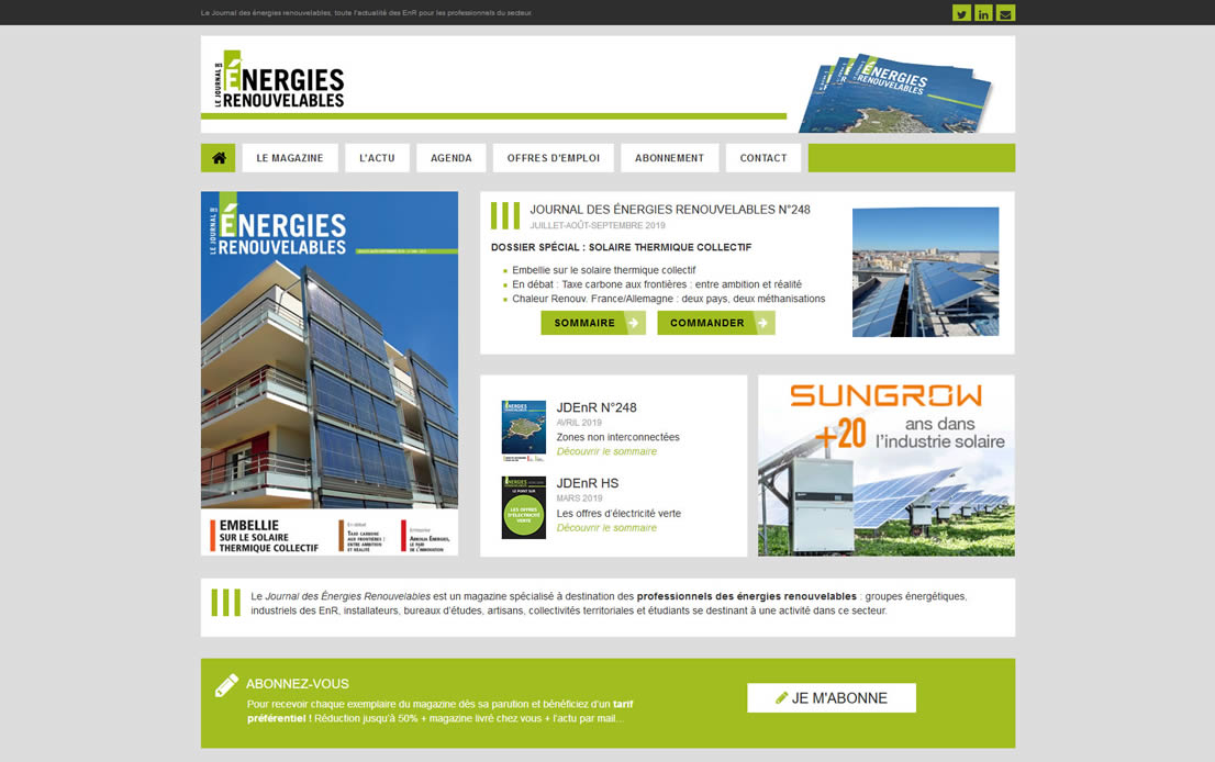 Capture d'écran de la page d'accueil du site Internet du Journal des Énergies Renouvelables