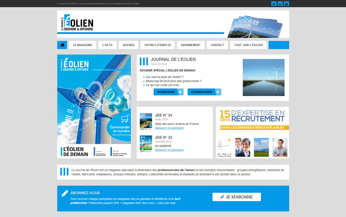 Capture d'écran de la page d'accueil du site Internet du Journal de l'Éolien
