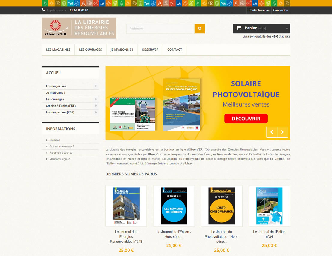 Capture d'écran de la page d'accueil du site Internet de la Librairie des Énergies Renouvelables